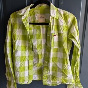 Hollister Lime Green and White Gingham Button-Down Shirt